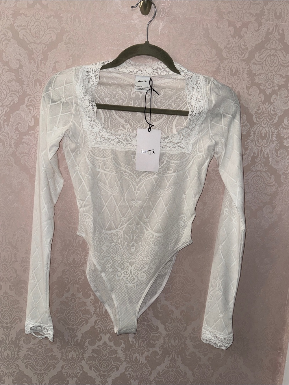 Nike White Lace-Detail Long Sleeve Bodysuit by Riccardo Tisci